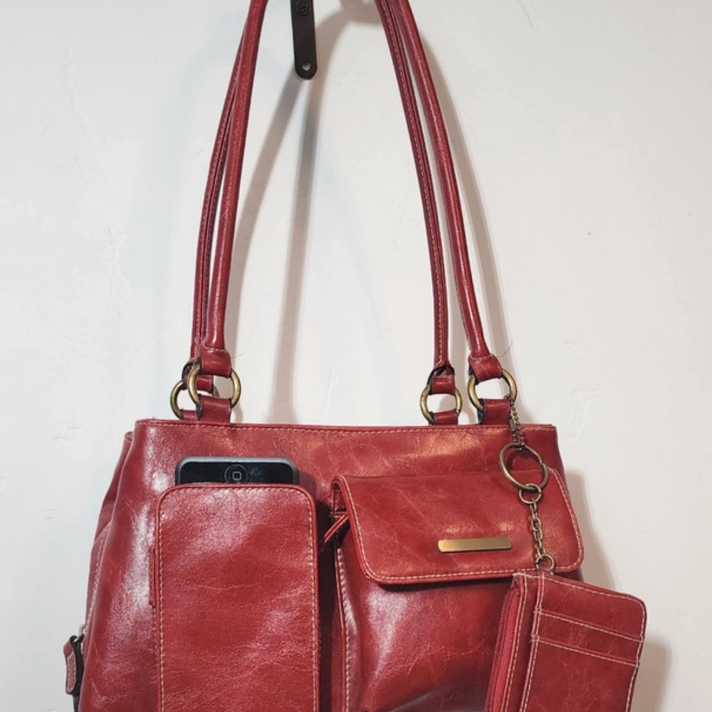 Red Leather Shoulder Bag with Front Pockets